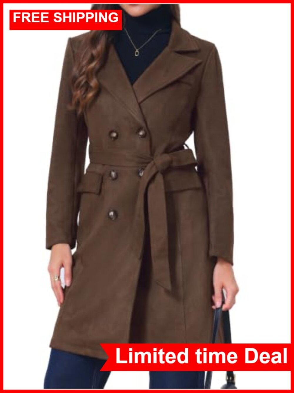 Faux Suede Trench Coat Notched Lapel Mid-Long Belted Overcoat